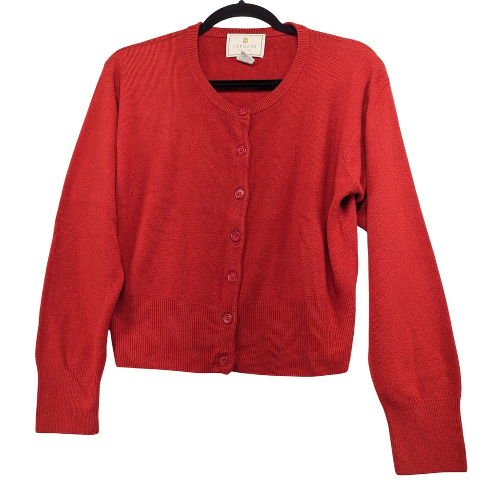 Vintage Express Tricot‎ Red Button Front Cardigan Sweater Crew Neck Medium